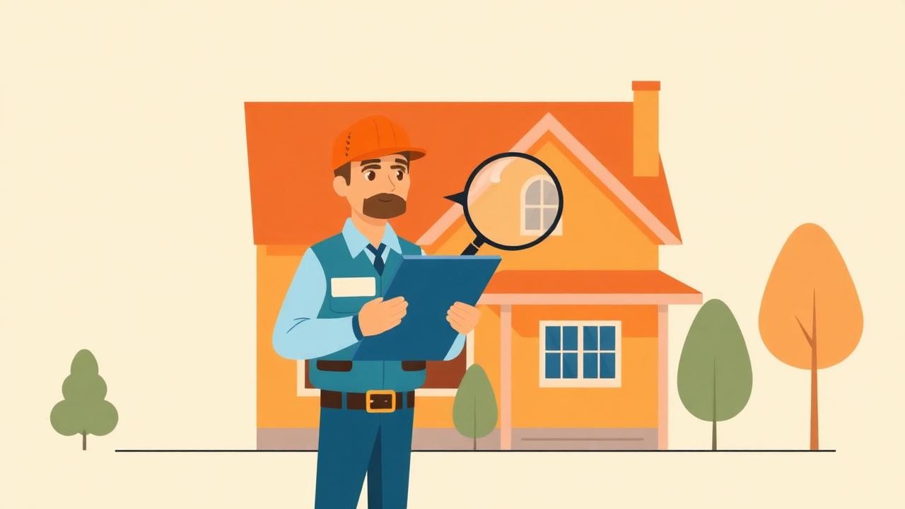 איור שטוח בגוונים כתומים של שמאי עם לוח בוחן נזקים בבית מגורים