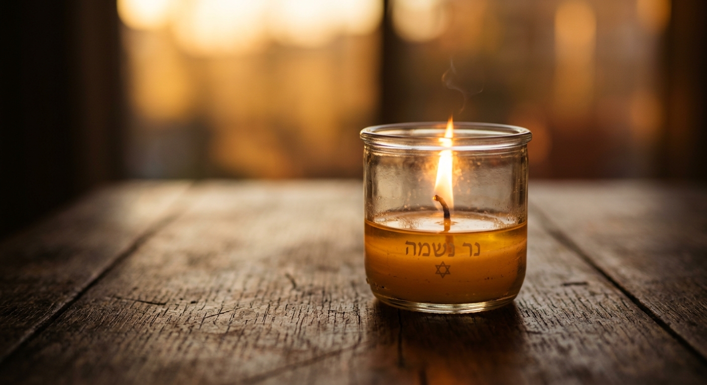 נר נשמה דולק בכוס זכוכית שעליה הכיתוב 'נר נשמה' וסמל מגן דוד, מונח על שולחן עץ מחוספס ברקע חם ומטושטש