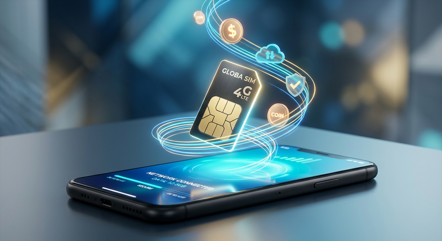 כרטיס סים גלובלי 4G LTE מרחף מעל סמארטפון עם קווי נתונים מוארים וסמלי אבטחה וענן.